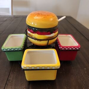 Vintage Ceramic Cheeseburger Condiment Serving Set